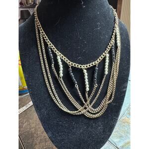 Vintage Victorian Layered Bib Necklace Black/ Silver Bead Drape Gothic Steampunk